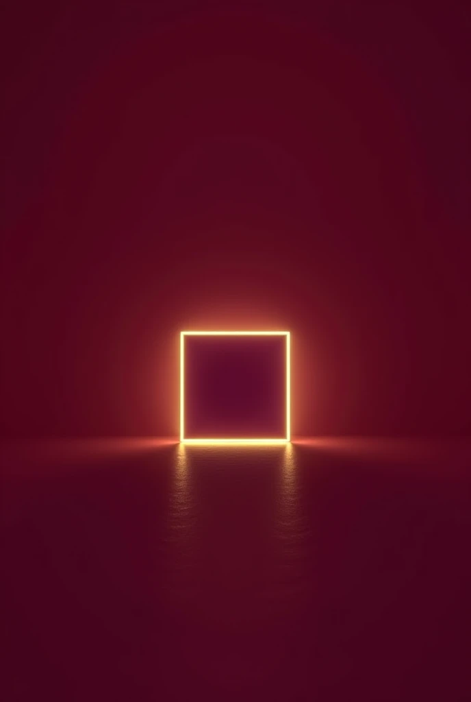A concept music album cover, wine red minimalist background , main symbol is a square with its front facing tilted with the edge touching the ground, it is a semi-transparent opaque purple object, the point where the edge touches the ground gently reflects the object, the object has subtle glow of golden yellow on the edges, the glow comes froms all the edges and its captivating