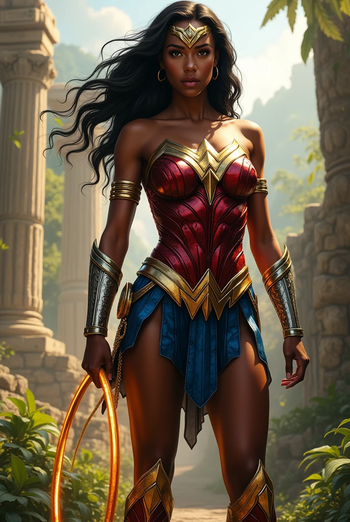 onder Woman, known as Wonder Woman, is an iconic comic book character from DC Comics who represents strength, courage and the fight for justice. Born among the Amazons, a warrior and wisdom-filled people located on the island of Themyscira, she is often portrayed as a black and African woman, bringing a new perspective to her story. With superhuman abilities and a deep sense of empathy, Wonder Woman is a defender of the oppressed and a symbol of female empowerment. Their armor is not only a symbol of protection, but also of resistance and beauty, reflecting their cultural heritage. With her lasso of truth and wand of wisdom, she faces adversity with determination, inspiring generations to fight for equality and justice in a world full of challenges.
