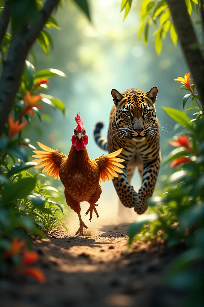 A chicken running away from a jaguar