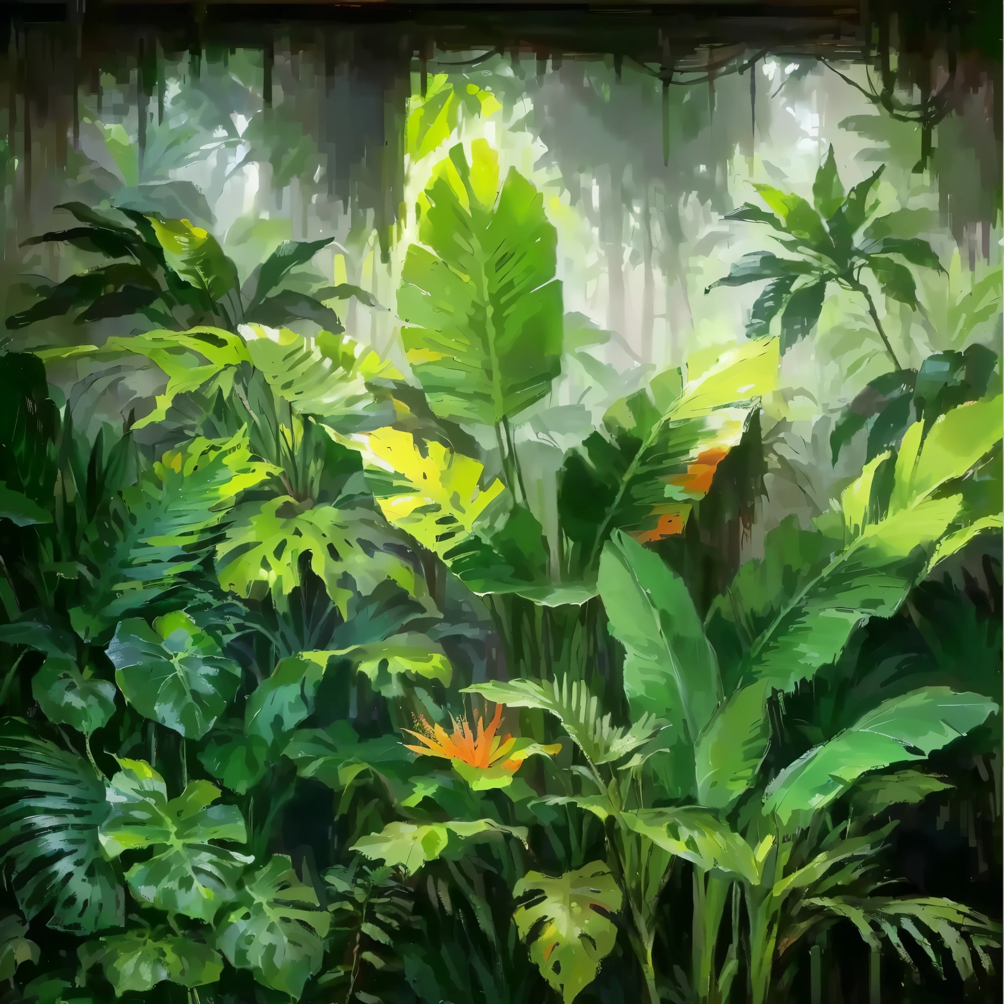 painting of a group of Tropical plants in a garden, background jungle, mysterious jungle painting, plants and jungle, the jungle at the background, tropical jungle, jungle scene, Tropical plants, jungle as the background, jungle, jungle background, the background is lush jungle, art nouveau jungle environment, dense jungle, green jungle, jungle setting, fantasy jungle, Tropical plants