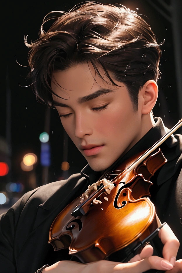 Top Quality, Masterpiece, Ultra High Resolution, close-up photo of a handsome man on the street, playing violin, on the night with pour rain, has short, messy dark brown hair, his eyes closed, typical clothing like a street busker in Paris, France; wear black turtleneck shirt, NO mustache or beard, skin color slightly tanned.