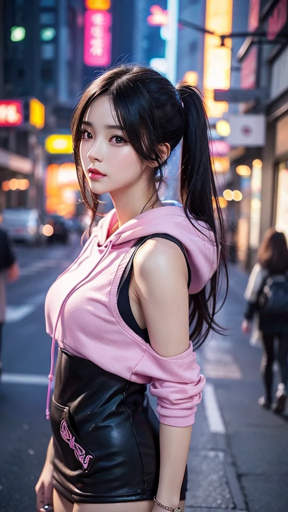 a beautiful woman that is looking at her modern cell phone, hyper detailed face, artwork in the style of guweiz, hyper-realistic cyberpunk style, realistic digital art 4k, realistic digital art 4k, beautiful digital artwork, photorealistic artstyle, beautiful girl in mix pink and purble hoodie, stunning digital illustration, classic style, hyperrealistic, realistic artstyle, dreamy fantasy girl, unbelievable, max resolution, 48K