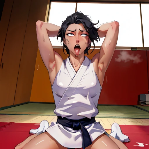 ((((masterpiece, best quality, high resolution)))), Extremely detailed 8K, 1 female, wearing a white Karate gi, (ahegao),white eyes, Small breasts,full body, kneeling, tired, (muscle:1.4), japanese clothes,  No underwear,No eyeballs, Facing the audience, looking at the audience, tired, from below, (Exposed armpit:1.1), ((armpit:1.2)), sexy, Sweating, More and more sweat,(ahegao), (Roll your eyes),  open mouth, Sticking out tongue, saliva, Slobber,Skinny, raise arms, (arms above head:1.5)(Ultra HD, Ultra-detailed, Highly detailed, Highly realistic, Ultra-realistic, photograph realistic), (1girl:1.5), (Realistic black hair), (dynamic poses), facing at camera, looking at viewer, (slightly serious face), (perky breasts:1.2), (beautiful detailed face, beautiful detailed eyes), ((worn out karate gi)), (preparing for a fight), sweat, glow, (sunbeam, sunlight), ((cowboy shot)), inside a training gym, seductive, EnvyBetterHands LoCon,