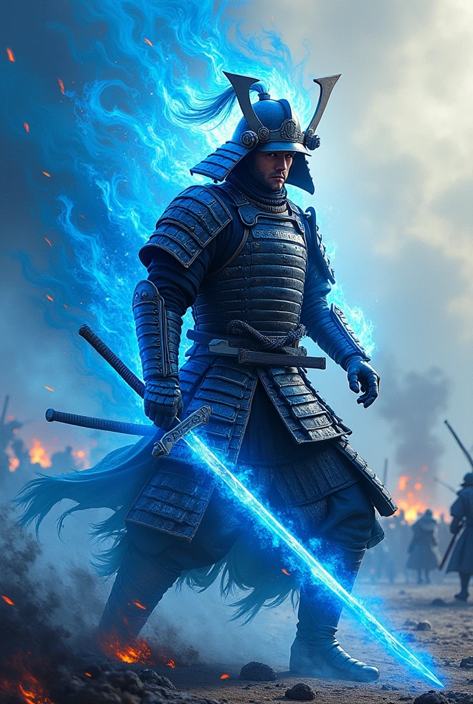 masterpiece、最high resolution、high resolution、Detailed Description、beautiful、art、One Samurai、Samurai surrounded by blue flames、beautiful甲冑、Samurai brandishing a sword、The sword is engulfed in blue flames、battlefield、Ink Painting、4K Graphics、