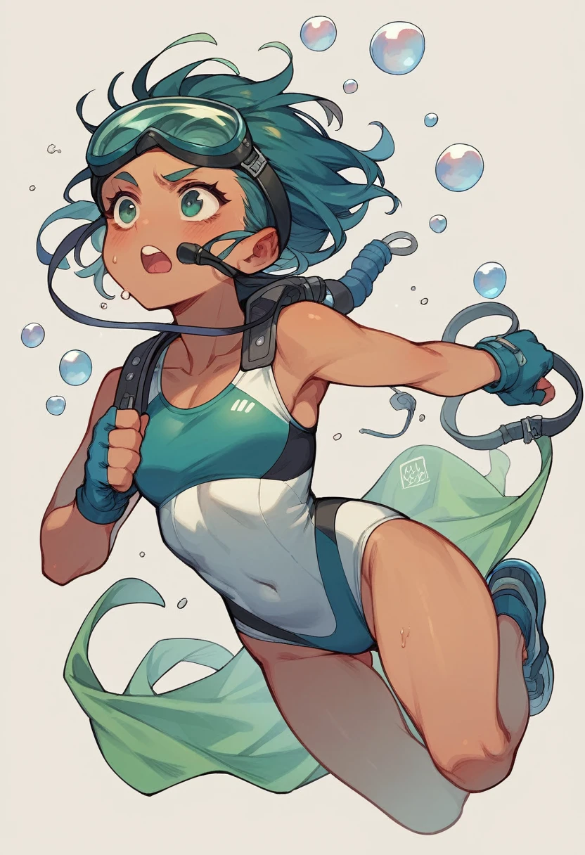 Indian girl with a diving mask, diving goggles and swimsuits, dives into the depths And she releases bubbles of fart from her ass.