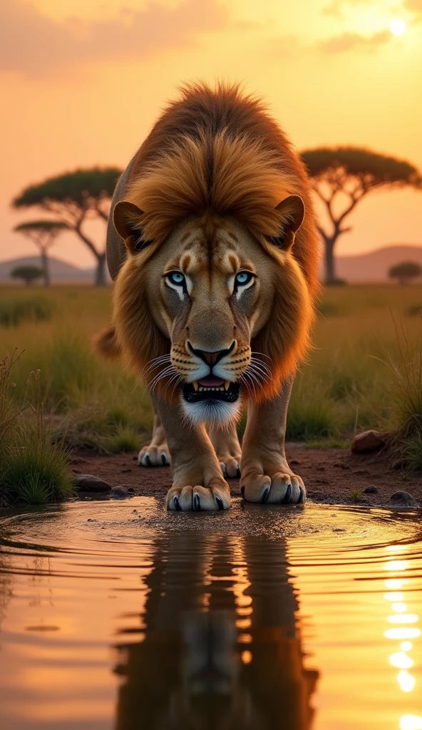 Generate an ultra realistic 8k image of a lion with a big and beautiful mane strong robust with blue eyes strong handsome, drinking water