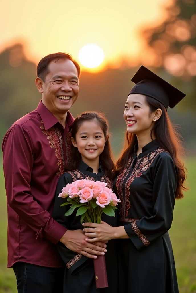 Berikut adalah prompt yang detail untuk sesi foto keluarga dalam suasana wisuda, dengan fokus pada keintiman dan keharmonisan antara anggota keluarga:
---
**Natural and Proud Poses**: Position the family close together, with the father standing to the right, the mother to the left, and the daughter in the center. The father should place a hand gently on his daughter's shoulder, symbolizing support, while the mother holds her daughter's hand, expressing pride and affection. All three should have warm, proud expressions, with the daughter smiling softly, reflecting her joy and accomplishment.
**Elegant Traditional Attire**: The daughter is dressed in a black hijab, a black graduation cap, and a traditional black kebaya, highlighting her academic achievement while maintaining a sense of cultural pride. The mother, in a maroon hijab and matching maroon kebaya with a batik skirt, exudes grace and elegance. The father, in a formal batik shirt with black trousers, complements the family's traditional yet refined appearance.
**Warm and Celebratory Lighting**: Choose to shoot during the golden hour—either in the late afternoon before sunset—to bathe the family in warm, soft light. This will create a flattering and celebratory glow that emphasizes the joyful occasion and the warmth of the family’s bond.
**Graduation Ceremony Setting**: Position the family outdoors, perhaps in front of the university or a grand building, with subtle details like stairs or a well-manicured garden in the background. The daughter, holding her graduation certificate or a bouquet of flowers, stands proudly in the center. The background should subtly highlight the academic environment while keeping the focus on the family’s togetherness and the daughter’s achievement.
**Details of the Family**:
- **Father**: With his slightly graying hair and dignified posture, he stands with a proud yet gentle demeanor. His batik shirt, with intricate patterns, reflects his respect for tradition and the impo