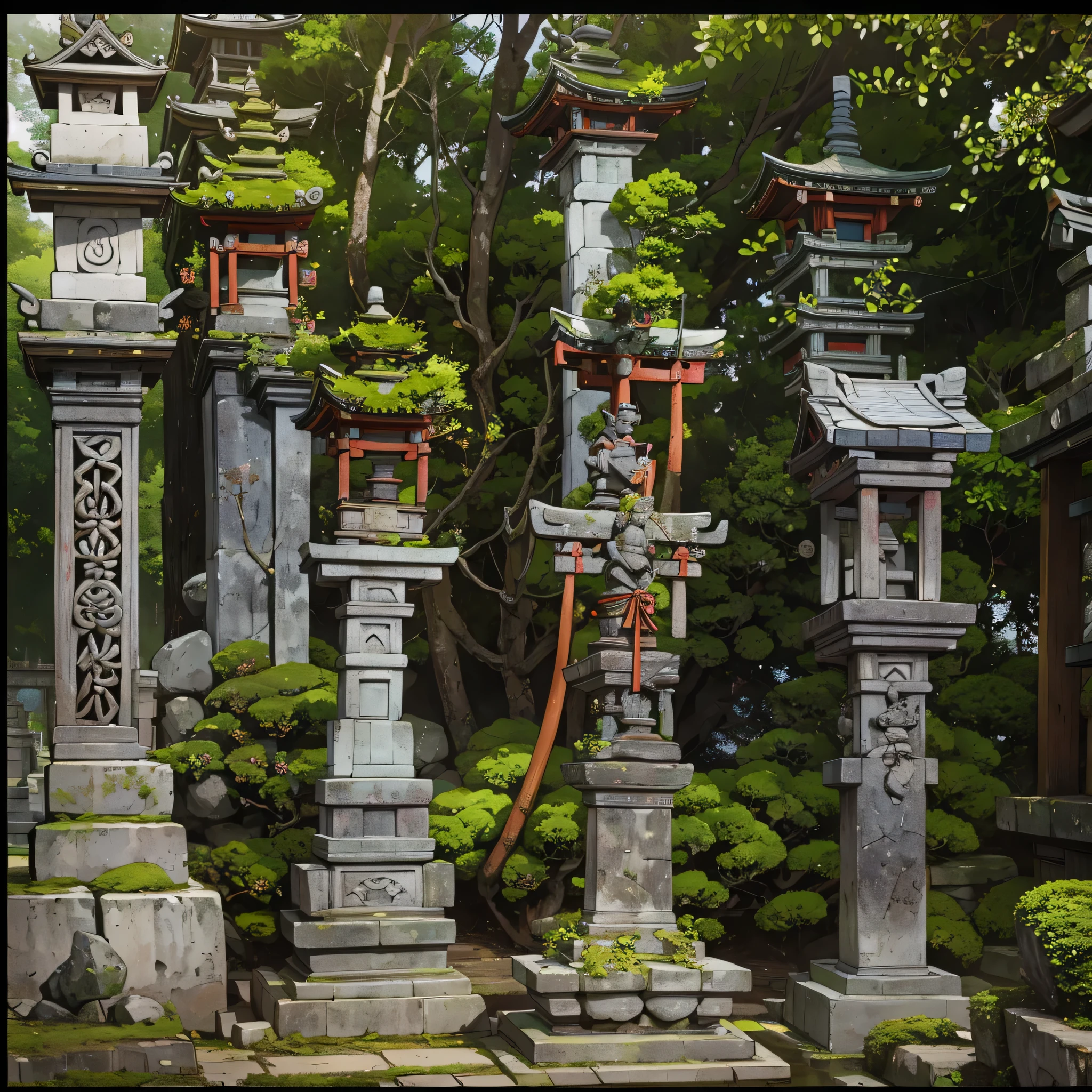 there are many stone lanterns with moss growing on them, many stone statues, shrines, stone pillars, stone statues, japanese temples, japanese shrine, near a japanese shrine, adorned pillars, ancient japanese architecture, inspired by Torii Kiyomoto, japanese temple, mythical shrine, lanterns, shrine, mystical setting, pillars