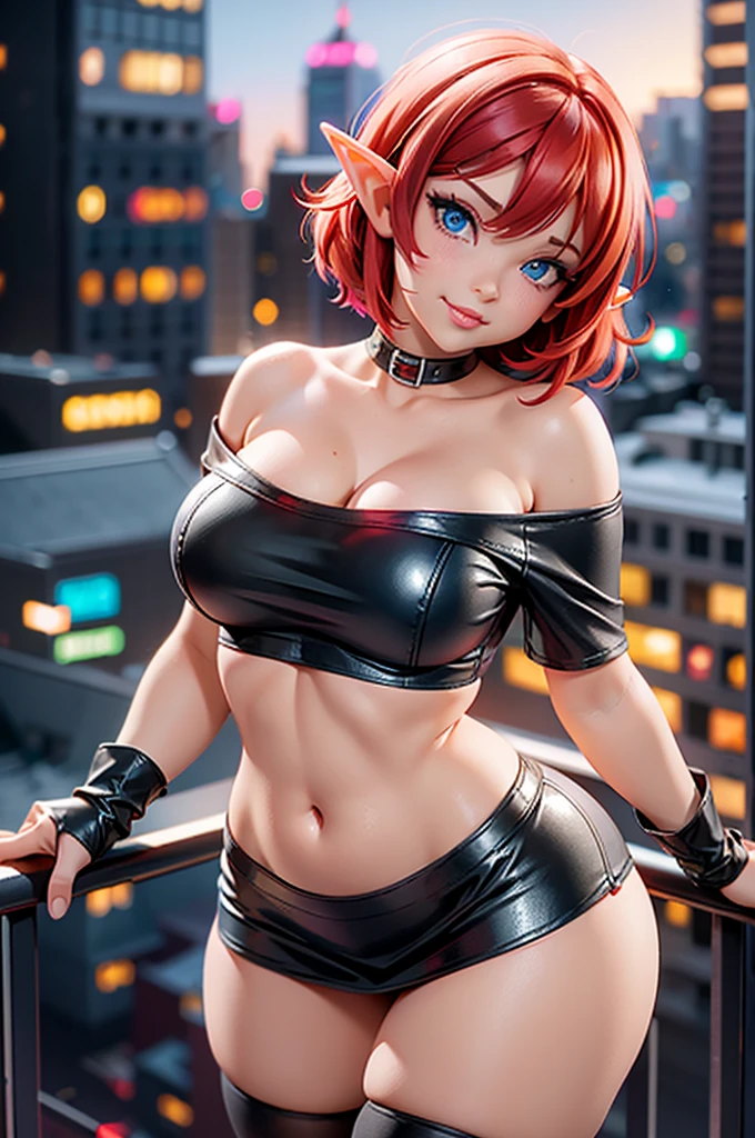 1girl, female elf, short red hair, blue eyes, curvy body, black off shoulder mini tee shirt, stomach exposed, hot pink leather mini skirt, black high heels, standing near a balcony, night, city in background, full pouty lips, hands resting on chest, lewd smile, sultry pose