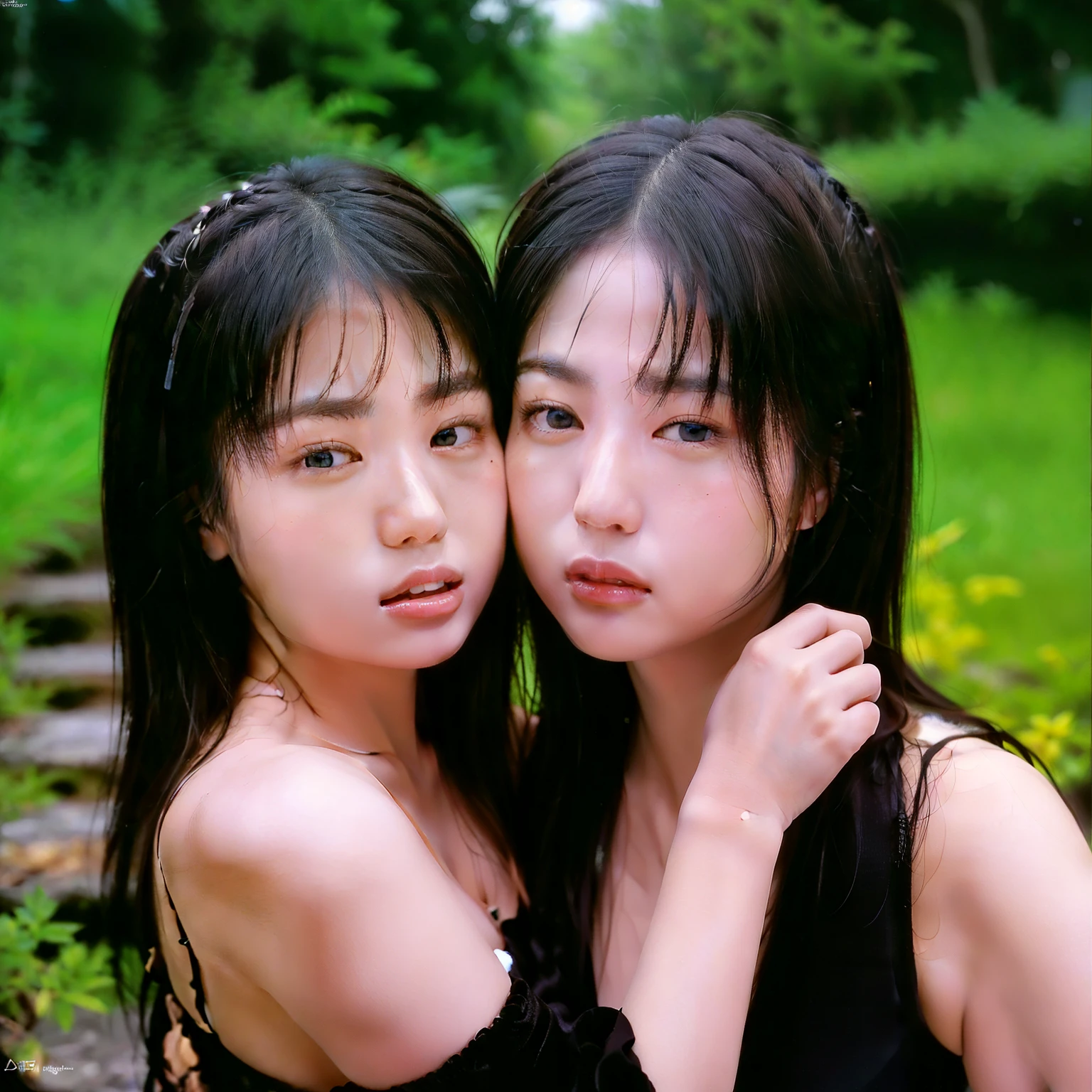 Identical twin sisters、Front view, Portraiture, Rembrandt Lighting, cute、(8k、Live Shooting、Highest quality、masterpiece:1.2)、Super detailed、Super Resolution、(Hyper Reality、)Super detailed、Super Resolution、(Real、Actual Photos:1.47)、Highly detailed face、Highly detailed eyes、非常にRealな肌、 Highly detailed fingers, Highly detailed nose, Highly detailed mouth