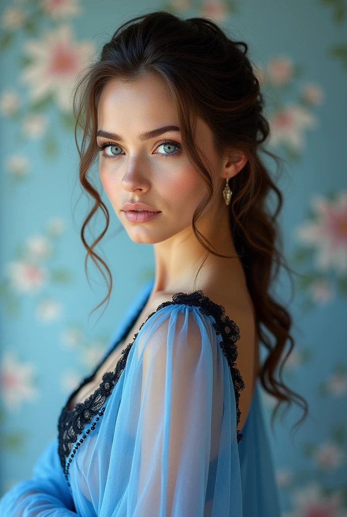 Best quality,ultra-detailed,photorealistic:1.37,UHD,professional,painting,HDR,realistic,portrait,Ukrainian beauty, gorgeous woman, exquisite facial features, sparkling blue eyes, porcelain skin, elegant pose, natural beauty, vibrant colors, soft lighting, subtle shadows, feminine elegance, (Draped Side Updo With Hanging Curls long hair, light blue transparent wet tight tunic with black border, gala, soft lighting, vivid colors, professional photography, portraits, bokeh