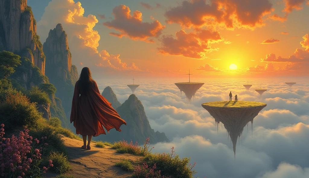 A painting by Roger Dean with some floating island, of a Person walking towards an illuminated horizon.