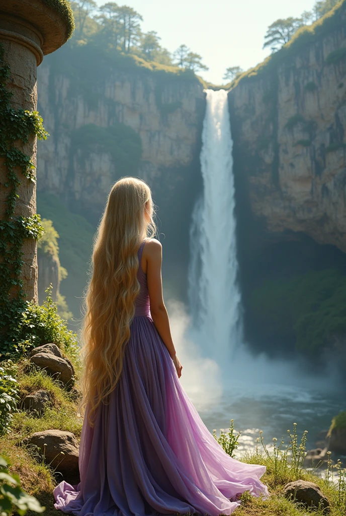 blonde The hair is super long(As far as touching the ground) A tall tower stands behind me 18-year-old The dress is purple(The shoulder area is soft) Behind the tall tower is a waterfall flowing down a cliff