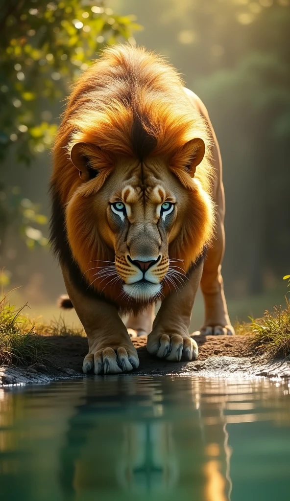 Generate an ultra realistic 8k image of a lion with a big and beautiful mane strong robust with blue eyes strong handsome, drinking water 