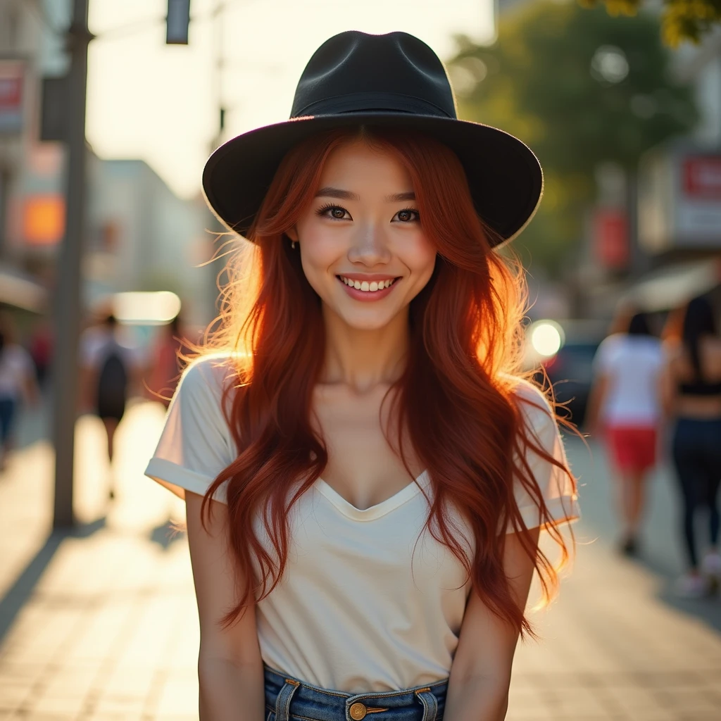 One pretty girl, High resolution, smile, Beautiful skin like Koreans、Red long hair、Black Hat、Denim shorts、T-Shirts、Red-brown gradient eyes