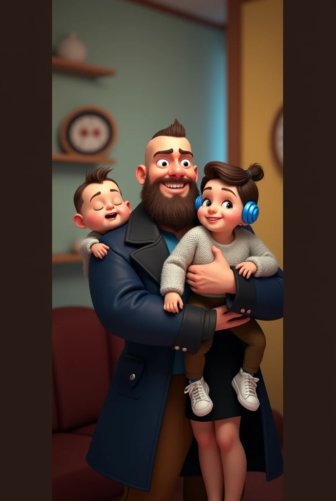 family of 3 people, an adult couple and an 8-month-old baby. The father is in the center, he is wearing dark blue coat and light blue shirt and brown pants, he is the tallest, big and strong,, full shaved bald hair and he has a medium black Viking-style beard, with light brown eyes and he has grumpy face. The father is holding the 8-month-old baby in his left arm. The eight-month-old baby has dark blond hair and big dark blue eyes, the baby is wearing light grey jumper and light brown pants and converse withe shoes and headphones blue. The mother has dark blond hair and light brown eyes, her hair tied up and a beautiful smile, she is very beautiful and elegant. She is wearing black dress, Character should be colorful and have a fun, friendly look, with exaggerated, expressive features. Pixar style.