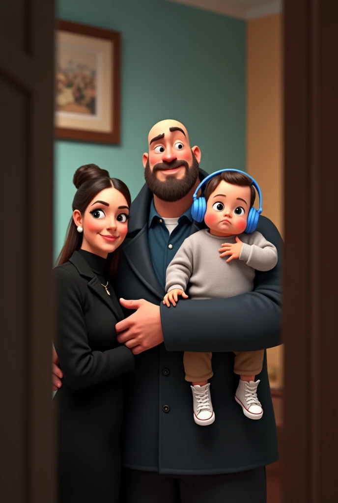 family of 3 people, an adult couple and an 8-month-old baby. The father is in the center, he is wearing  dark blue coat and light blue shirt and brown pants, he is the tallest,  big and strong,,  full shaved bald hair and he has a medium black Viking-style beard, with light brown eyes and  he has grumpy face. The father is holding the 8-month-old baby in his left arm. The eight-month-old baby has dark blond hair and big dark blue eyes, the baby is wearing light grey jumper and light brown pants and converse withe shoes and headphones blue. The mother has dark blond hair and light brown eyes, her hair tied up and a beautiful smile, she is very beautiful and elegant. She is wearing black dress, Character should be colorful and have a fun, friendly look, with exaggerated, expressive features. Pixar style.