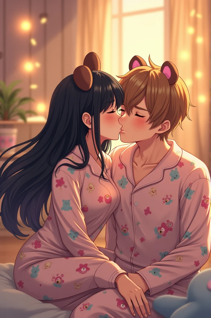 An anime woman with long black hair and brown cute bear ears and she is kissing an anime man with brown-blonde hair on his cheek and he is slightly blushing and they are wearing pyjamas 