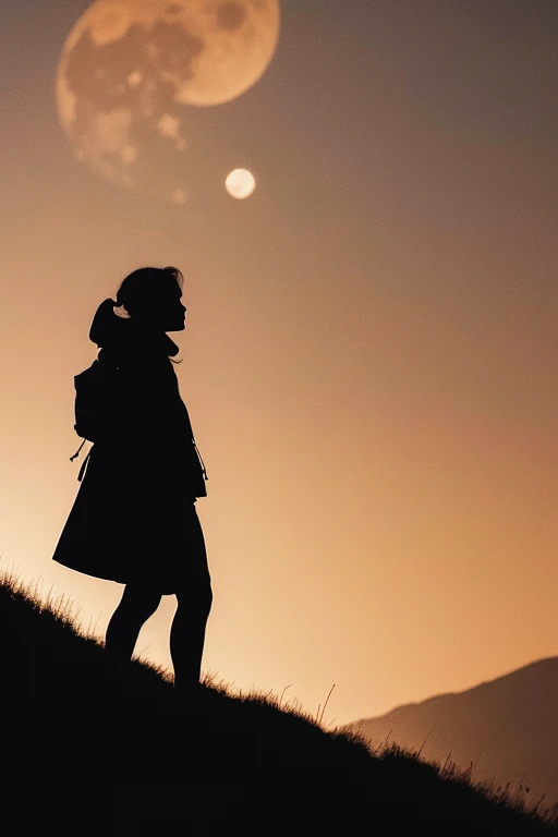 Highest quality,Big moon and shadow,A silhouette of a person can be seen against the backdrop of a large moon.,There is one full moon,There is a mood,Beautiful scenery,Starry Sky
