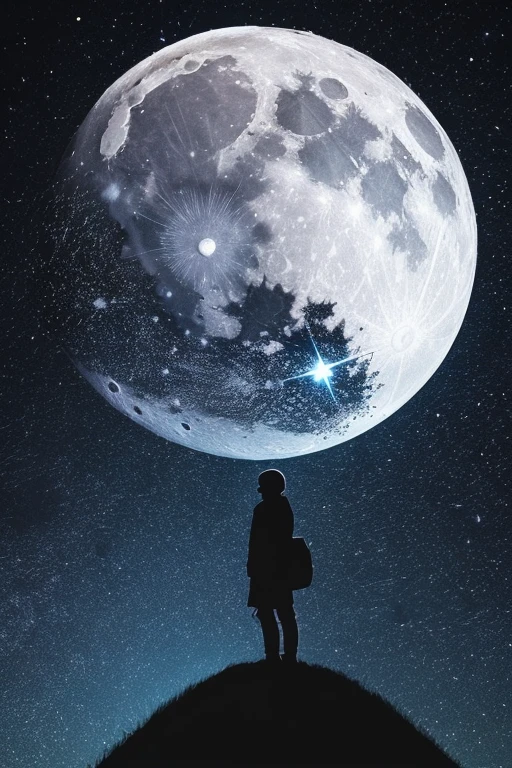 Highest quality,Big moon and shadow,A silhouette of a person can be seen against the backdrop of a large moon.,There is one full moon,There is a mood,Beautiful scenery,Starry Sky