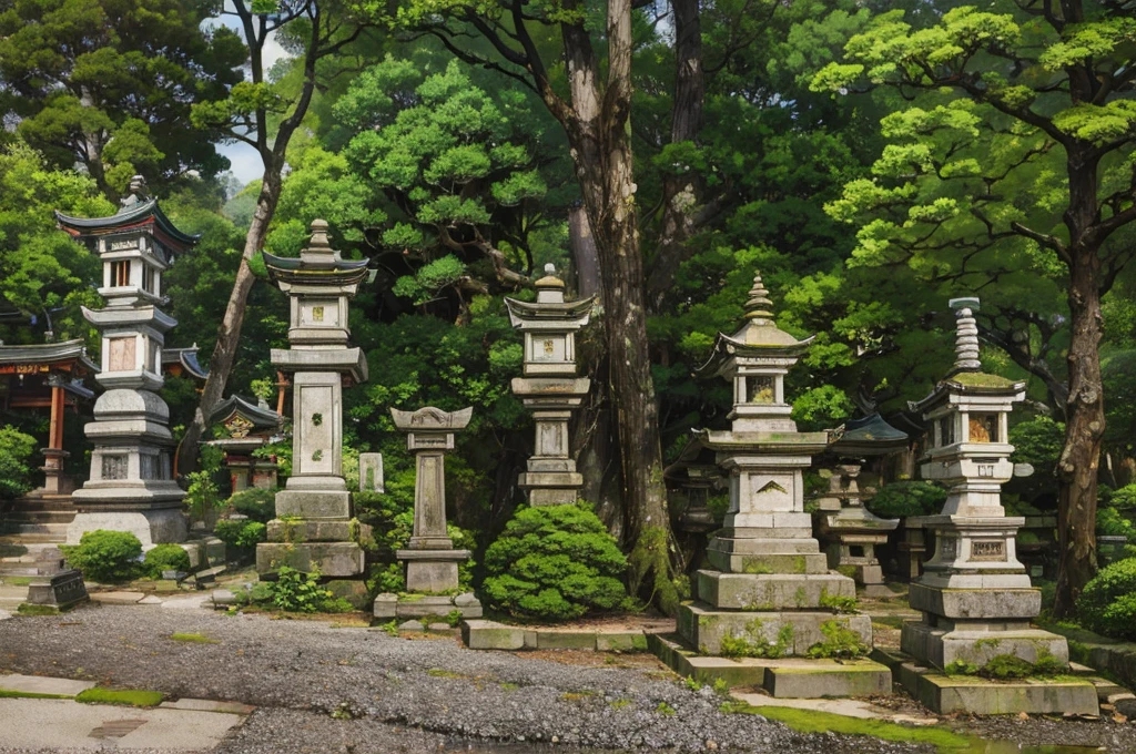there are many stone lanterns in a row in a park, shrines, near a japanese shrine, many stone statues, japanese shrine, stone pillars, ancient ruins in the forest, japanese temples, in karuizawa, kyoto japan setting, old cemetery, ancient japanese architecture, lush japanese landscape, beautiful ancient garden behind, stone statues, countryside in japan, shinto shrine