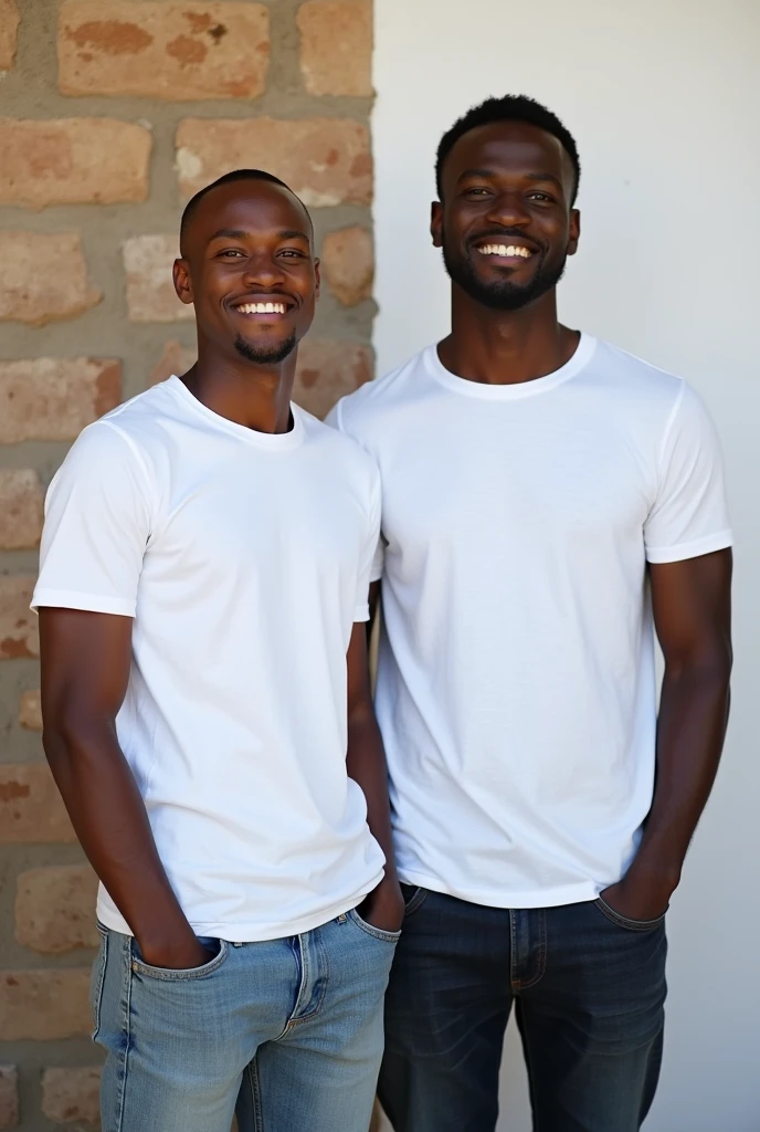 Create a split-image of the same light skinned 21 years old Ethiopian man shown side by side against a messed up wall as a background to illustrate a before and after transformation. In the 'before' image on the left, depict the man as shorter and wearing a plain white T-shirt and jeans. In the 'after' image on the right, show the same man taller, with no change in physique, wearing the same white T-shirt but with casual pants instead. Both images should have the man smiling and looking directly at the camera, with a noticeable difference in height and little difference on presence. The background should be the same for both pictures and minimalist with natural lighting, highlighting the transformation. Make the picture realistic