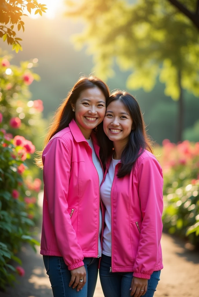 Real pinay mother and daughter together wearing pink jacket standing with background garden