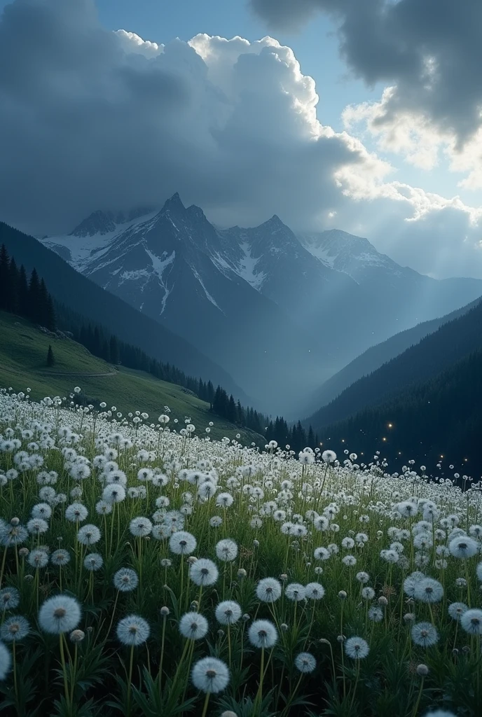 Endless field of white dandelions under the cloudy weather on the slope of the mountain at night