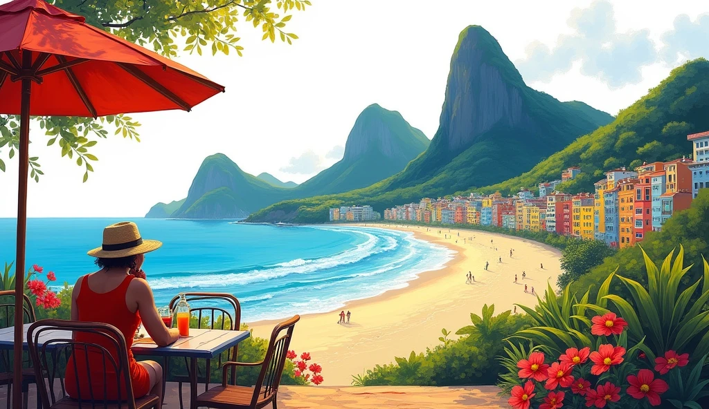 Soft Focus, Bright gradient oil painting, Van Gogh style、dreamer, White background, , Cafe, Copacabana Beach, Sugarloaf, Corcovado, Hilltop favela.