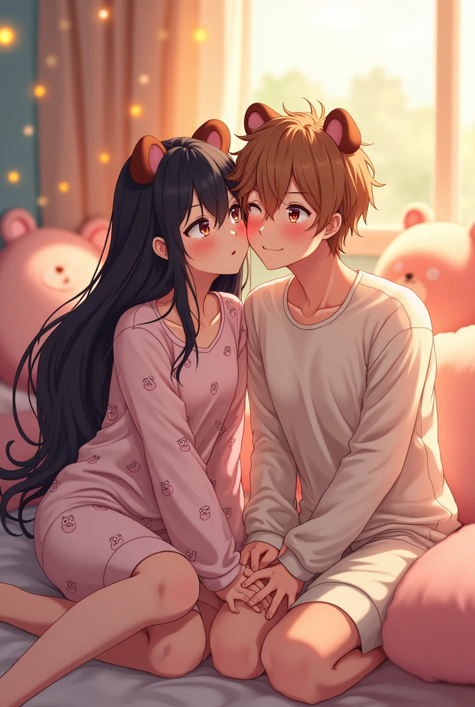 An anime woman with long black hair and brown cute bear ears and she is kissing an anime man with brown-blonde hair on his cheek and he is slightly blushing and they are wearing pyjamas 