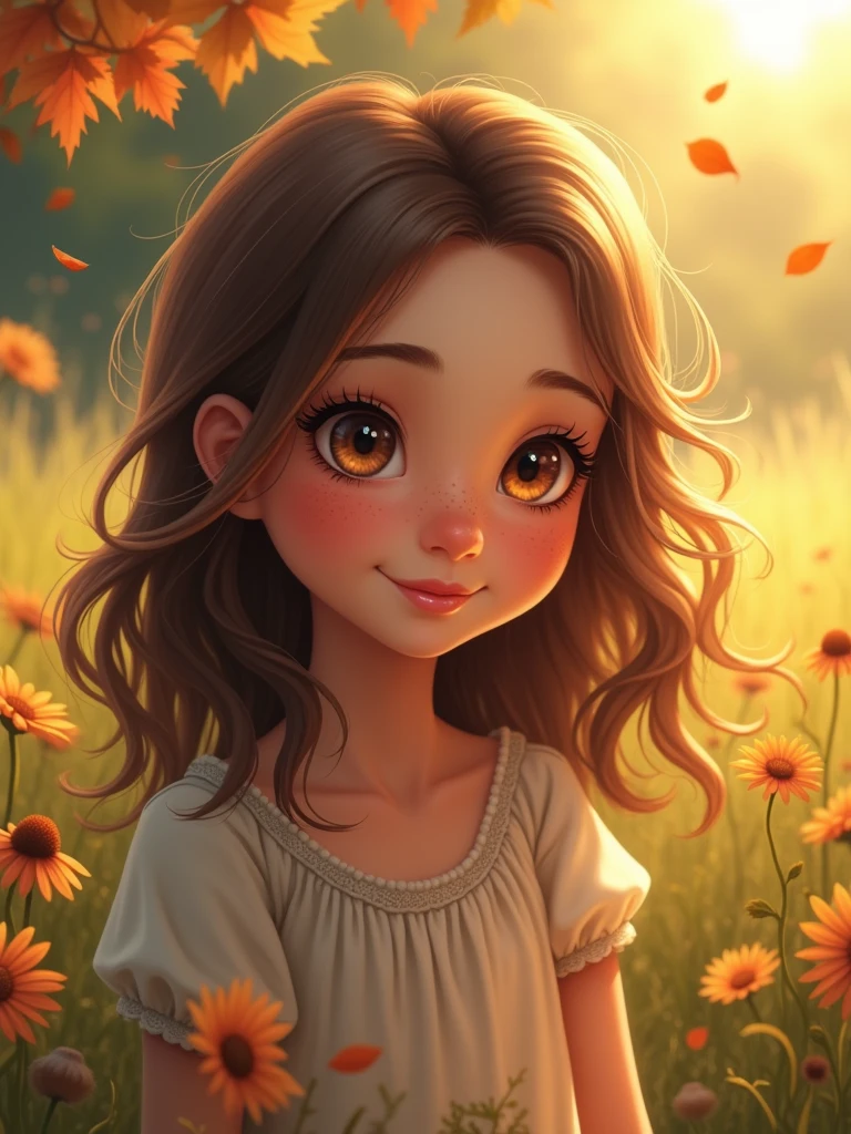 girl She has hazel eyes, a straight and slightly upturned nose, medium-sized ears, and well-defined lips. Her face is dotted with freckles, giving her a playful and unique appearance. She has mid-length brown hair that frames her face naturally and elegantly.