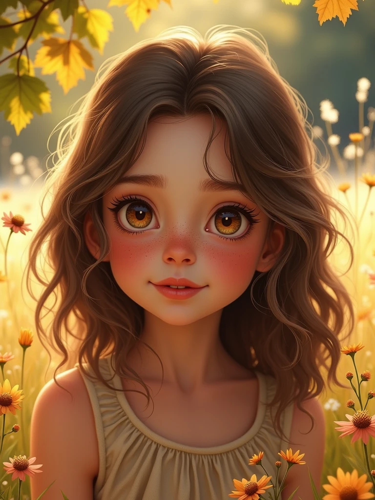 girl She has hazel eyes, a straight and slightly upturned nose, medium-sized ears, and well-defined lips. Her face is dotted with freckles, giving her a playful and unique appearance. She has mid-length brown hair that frames her face naturally and elegantly.