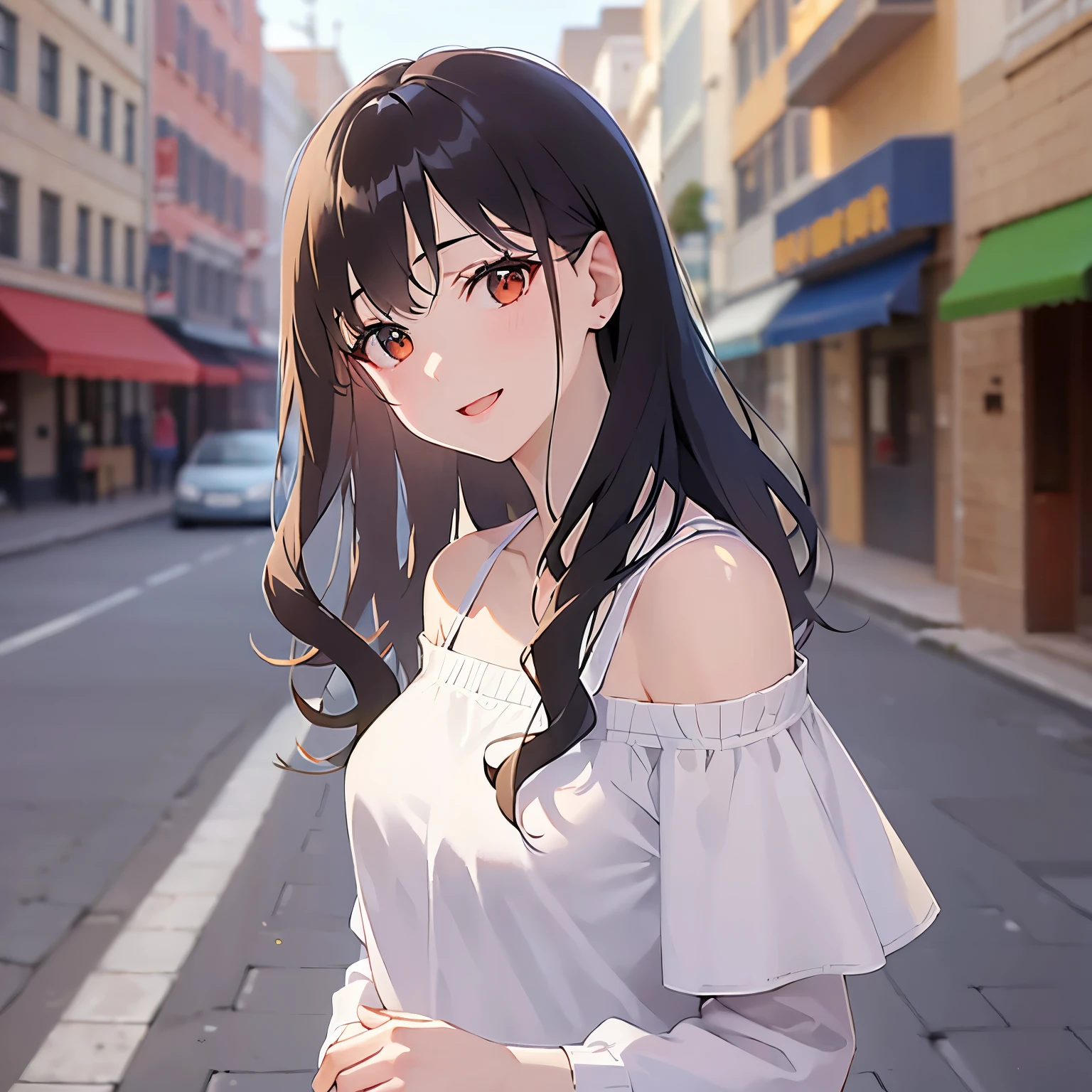 (looking at viewer:1.5)Upper Body, (head tilt:1.2),
Realistic, real person, (pale skin: 1.2), RAW photo, photorealistic, shiny skin, shiny hair、(A 25-year-old woman with medium-length hair and bangs) and (wavy hair) and (brown hair) and (orange eyes) ,
(white) and (off shoulder blouse),
blush,(smile:1.2),open mouth,(alone:1.5),The background is a busy street