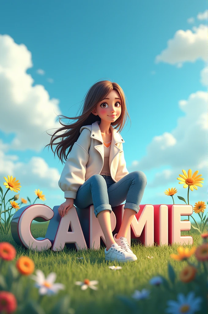 Create a 3D illustration of an animated beautiful girl seating casually on top of text "CARMIE". wearing white jacket, The background of the character is blue Nature 