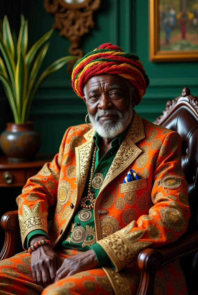 senior rastafari king, wearing religious balenciaga attire, embroidered clothing, looking at camera at an office,