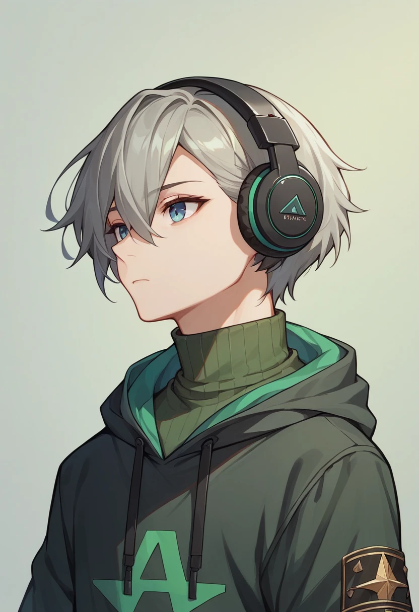 ((Highest quality)), ((masterpiece)), (Familiar), Perfect Face,Gray hair half-up,Green Mesh Blonde、Cool black hoodie,Headphones,Black gloves,turtleneck,alone,icon、profile、Right beside、Expressionless、Light-colored clothing、