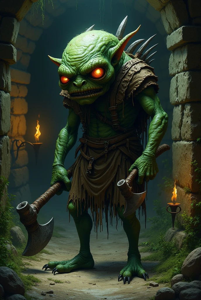 Sad 3-eyed mutant humanoid monster with weapons inside a dungeon