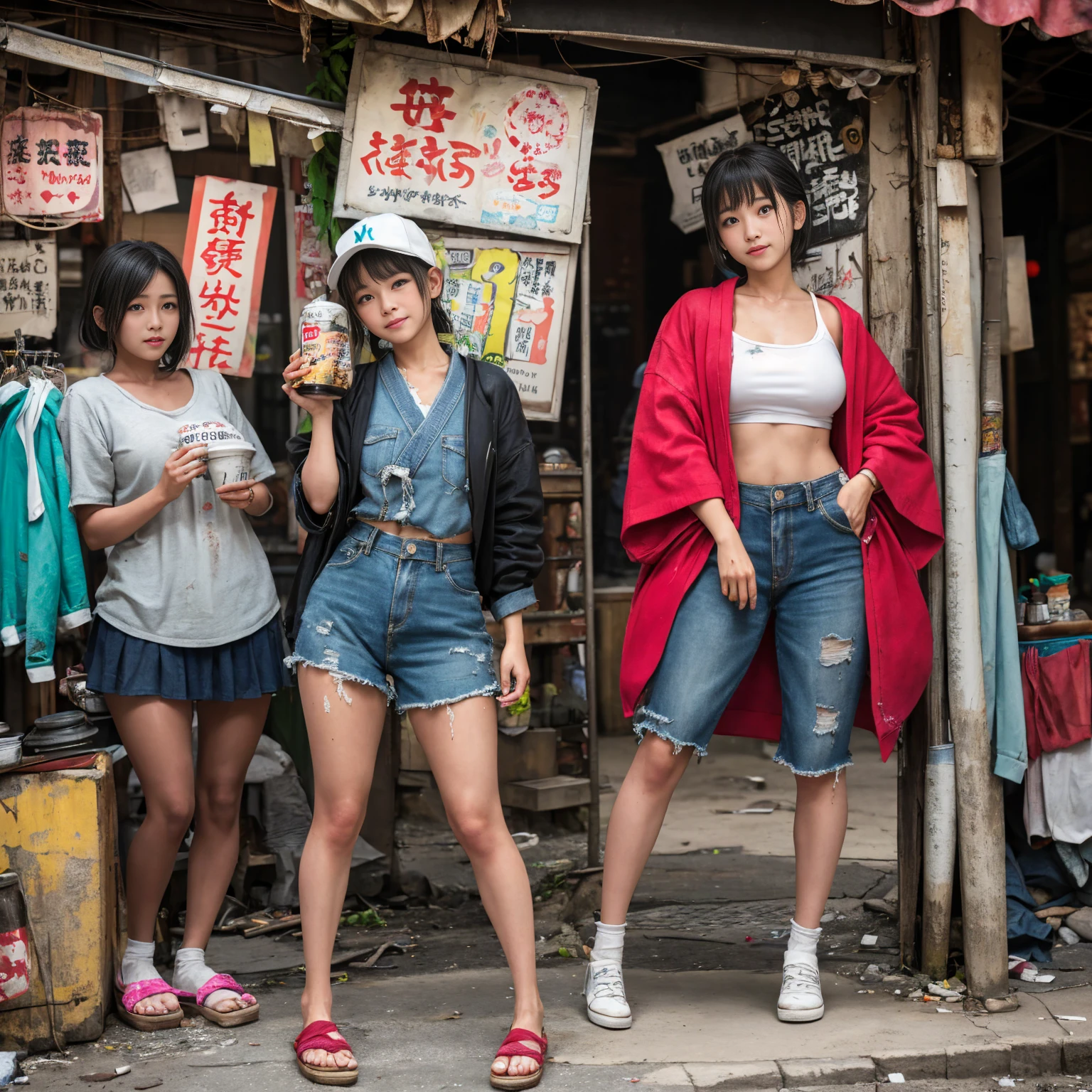 ((masterpiece、Highest quality))、Beautiful girls gather.、Three girls in summer clothes、clothes、(Showa Retro:1.2)、(Detailed and cute face:1.3)、(Poor conditions、Japan's poor neighborhoods、Dim and unsanitary、Standing Bar、みんなで楽しくdiet、Crumbling underground shopping mall)、屋台のdiet店、stage、sewage、Dirty shop、street vendors、Unsanitary and abandoned city、smile、diet、Poor person々