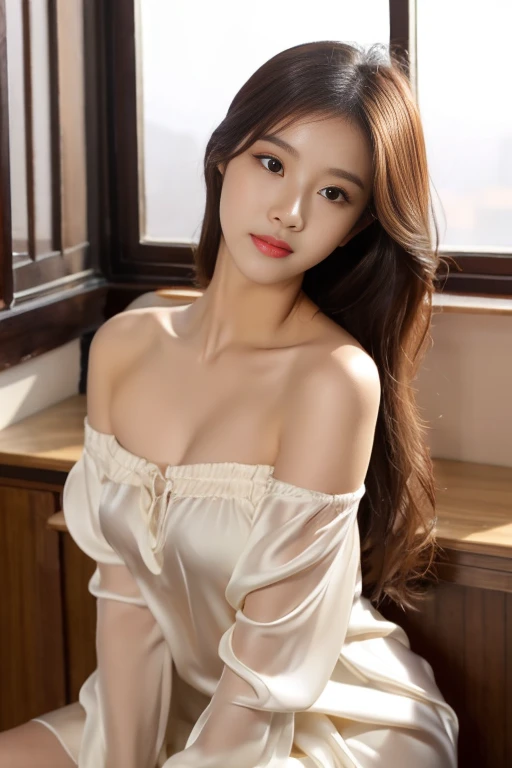 1 Girl,office,Soft Light,Chinese Beauty,Tight Fit,Silk Nightdress,Off-shoulder