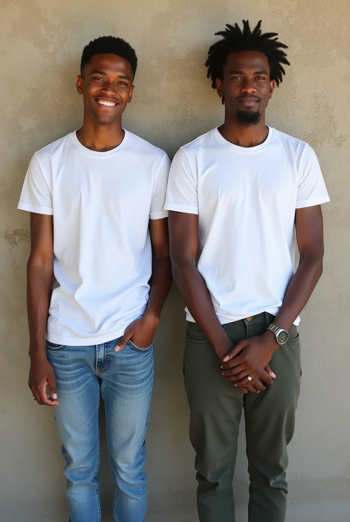 Create a split-image of the same light skinned 21 years old Ethiopian man shown side by side against a messed up wall as a background to illustrate a before and after transformation. In the 'before' image on the left, depict the man as shorter and wearing a plain white T-shirt and jeans. In the 'after' image on the right, show the same man taller, with no change in physique, wearing the same white T-shirt but with casual pants instead. Both images should have the man smiling and looking directly at the camera, with a noticeable difference in height and little difference on presence. The background should be the same for both pictures and minimalist with natural lighting, highlighting the transformation. Make the picture realistic