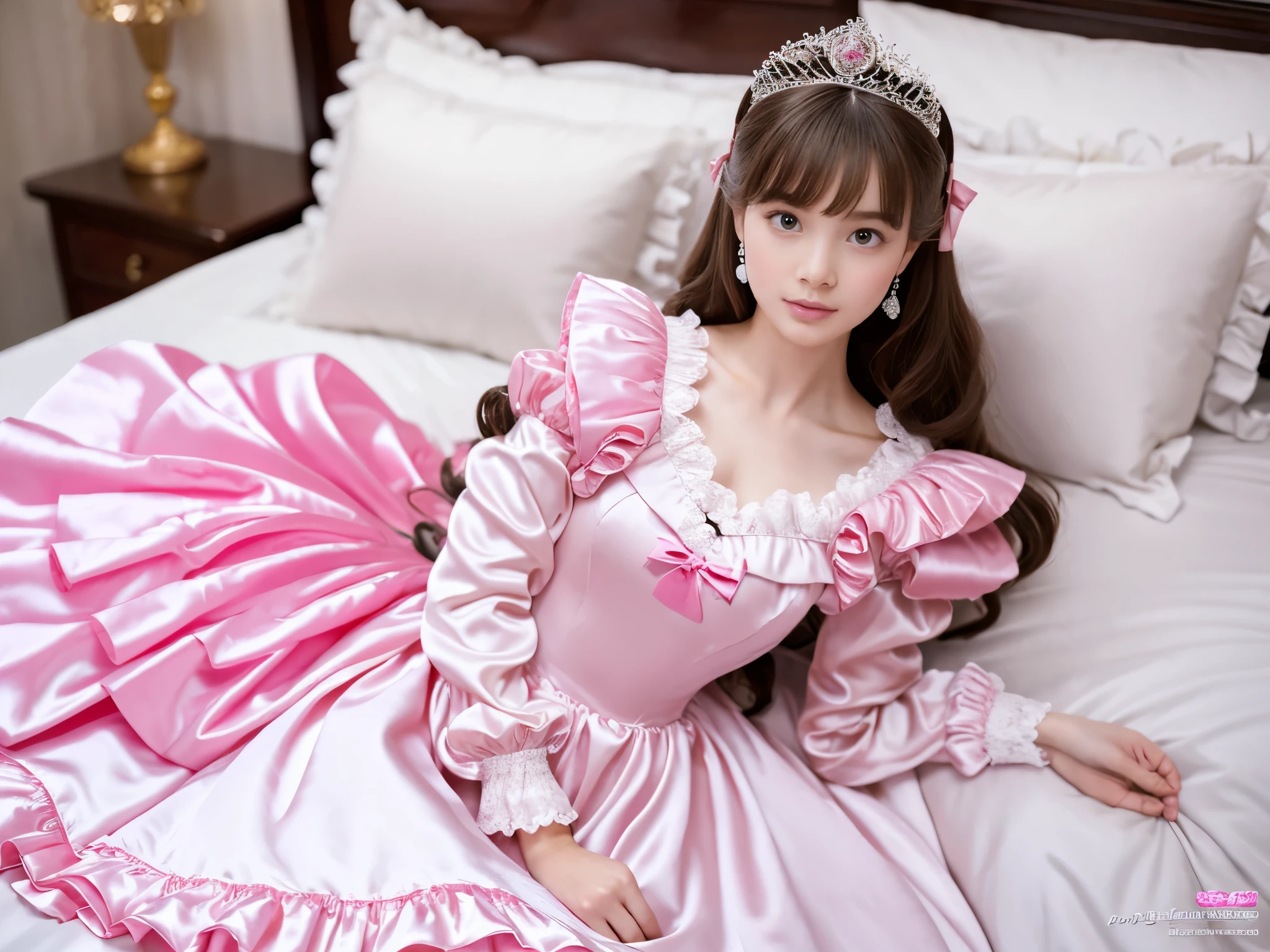 ,highest quality, masterpiece, highest resolution, artwork, super それにget used to it, many get used to it, get used to it, それにget used to it, 3k realistic pictures,,((10 year old little girls)),Ultra-detailed juvenile face,three are princesses,full length ball gown dress with hoop skirt,ruffled yoke collar,puff sleeves,long sleeve,((Lolita style hot pink detailed princess satin dress with lots of ruffles and ribbons)),Rococo style lolita fashion,shiny satin dress,Soft and smooth fabric,luxury,long blonde hair,blue eyes,white skin european,Pajama,((in the bedroom)),luxury princess canopy frilled bed,super detailed bed,lying on the bed,High-quality background,