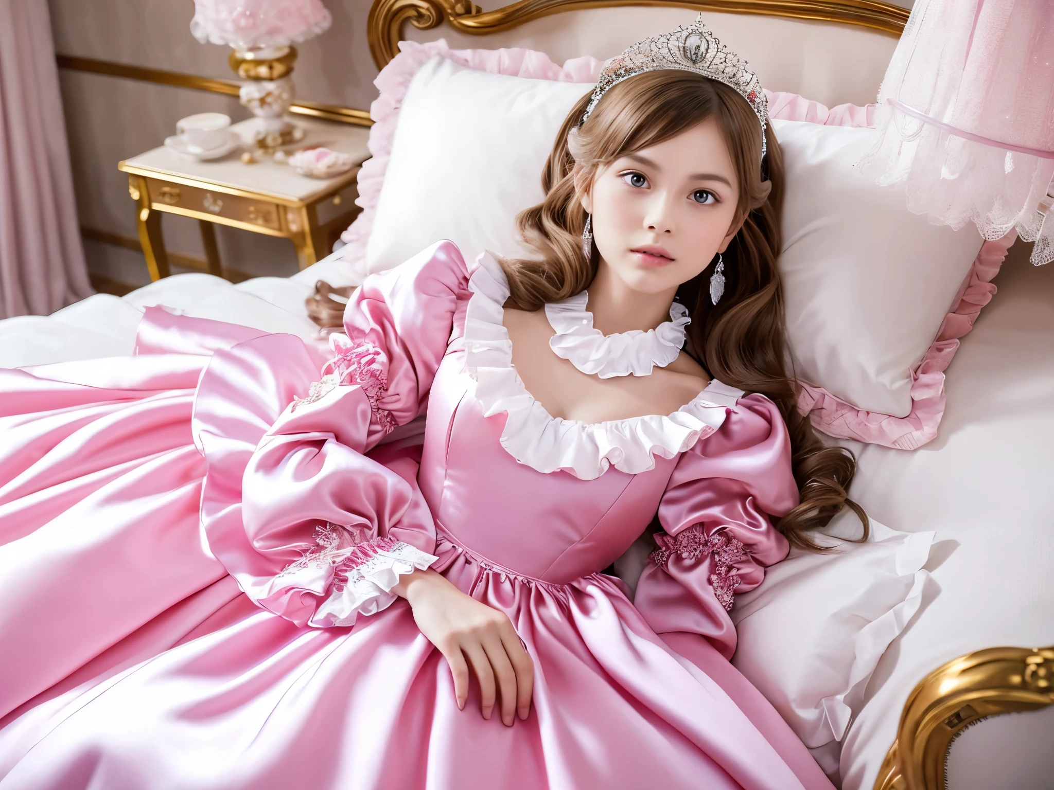 ,highest quality, masterpiece, highest resolution, artwork, super それにget used to it, many get used to it, get used to it, それにget used to it, 3k realistic pictures,,((10 year old little girls)),Ultra-detailed juvenile face,three are princesses,full length ball gown dress with hoop skirt,ruffled yoke collar,puff sleeves,long sleeve,((Lolita style hot pink detailed princess satin dress with lots of ruffles and ribbons)),Rococo style lolita fashion,shiny satin dress,Soft and smooth fabric,luxury,long blonde hair,blue eyes,white skin european,Pajama,((in the bedroom)),luxury princess canopy frilled bed,super detailed bed,lying on the bed,High-quality background,