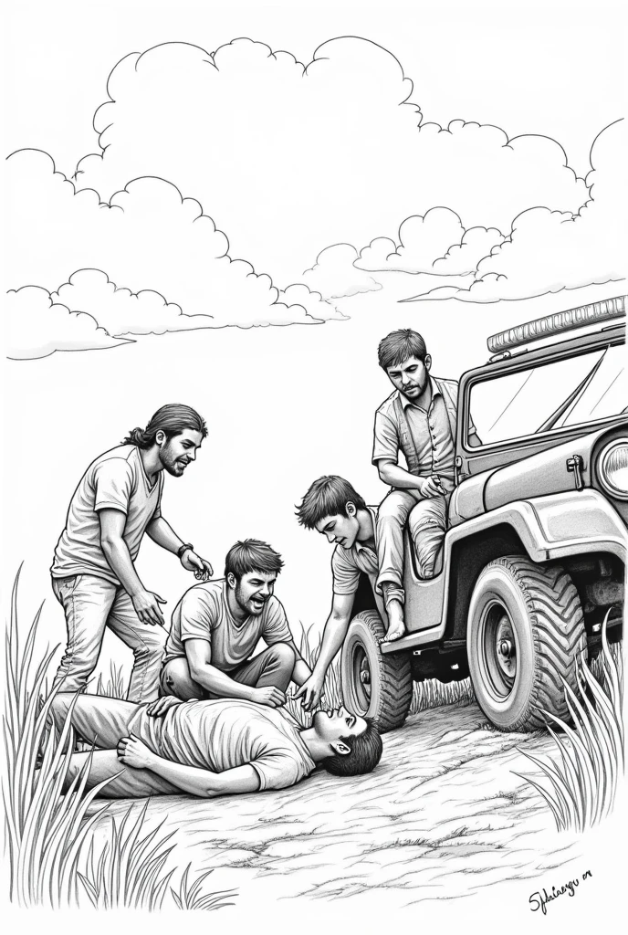 Make a coloring drawing without color with a man lying on the ground and several people around worried about him and an old jeep next to him