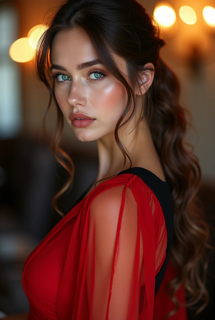 Best quality,ultra-detailed,photorealistic:1.37,UHD,professional,painting,HDR,realistic,portrait,Ukrainian beauty, gorgeous woman, exquisite facial features, sparkling blue eyes, porcelain skin, elegant pose, natural beauty, vibrant colors, soft lighting, subtle shadows, feminine elegance, Draped Side Updo With Hanging Curls long hair, red transparent wet tight tunic with black border, gala, soft lighting, vivid colors, professional photography, portraits, bokeh