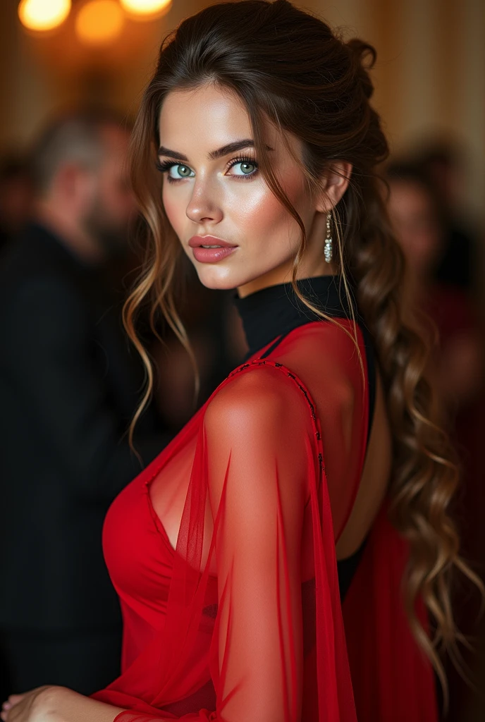 Best quality,ultra-detailed,photorealistic:1.37,UHD,professional,painting,HDR,realistic,portrait,Ukrainian beauty, gorgeous woman, exquisite facial features, sparkling blue eyes, porcelain skin, elegant pose, natural beauty, vibrant colors, soft lighting, subtle shadows, feminine elegance, Draped Side Updo With Hanging Curls long hair, red transparent wet tight tunic with black border, gala, soft lighting, vivid colors, professional photography, portraits, bokeh