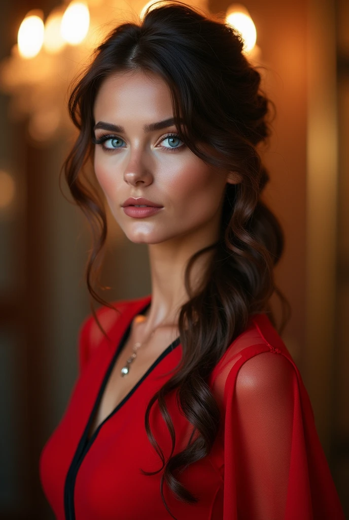 Best quality,ultra-detailed,photorealistic:1.37,UHD,professional,painting,HDR,realistic,portrait,Ukrainian beauty, gorgeous woman, exquisite facial features, sparkling blue eyes, porcelain skin, elegant pose, natural beauty, vibrant colors, soft lighting, subtle shadows, feminine elegance, Draped Side Updo With Hanging Curls long hair, red transparent wet tight tunic with black border, gala, soft lighting, vivid colors, professional photography, portraits, bokeh