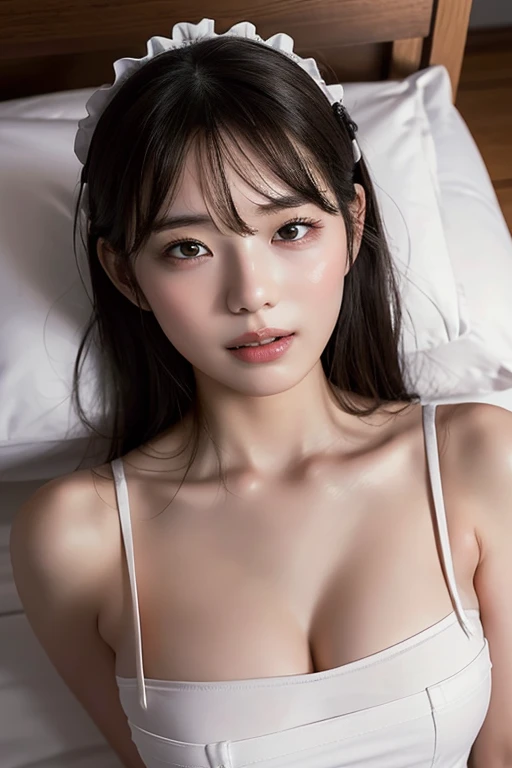 bangs,(Large Breasts:1.2),(Highest quality,masterpiece:1.2),one person,one person,alone,Fair skin,8k,Ultra-high resolution,Super detailed,Highest quality,Perfect lighting,flat light,super high quality,Ultra-high resolution,masterpiece,Realistic,Detailed face,Perfect Anatomy,Slender body、Young face、smile、Sweating、Flushed Cheeks、((Please show me your whole body))、((Please wear black maid clothes))、((Please clean up))、Beautiful feet、((Baby Face))、round face、((light makeup))、((Sweaty))、Small waist,(((maid, maid apron, Maid Headdress))),((Please lie on your back))、((lie in bed、Lying on your back))、Ecstatic expression