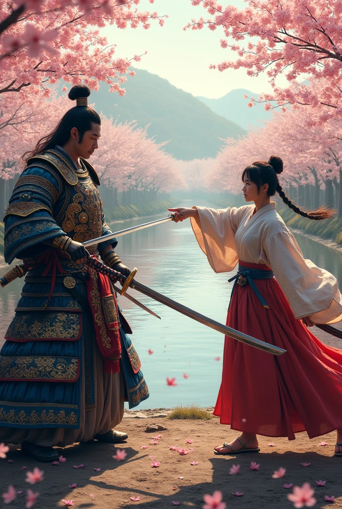 「Set against the backdrop of Japan's Warring States period、Please draw a scene of Oda Nobunaga and Shinsengumi's Okita Souji fighting fiercely with swords.。Nobunaga was wearing gorgeous armor.、He confronts his enemies with a sharp gaze.。on the other hand、Okita Souji swings his sword with a smooth movement.、She has an innocent look on her face.。A quiet river flows in the background、The two figures are reflected on the water's surface.。Cherry blossoms are fluttering around、Please create a screen that allows you to feel the tension of the battle while also experiencing the beautiful nature of Japan.。」