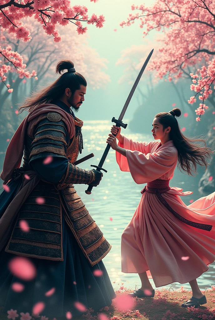 「Set against the backdrop of Japan&#39;s Warring States period、Please draw a scene of Oda Nobunaga and Shinsengumi&#39;s Okita Souji fighting fiercely with swords.。Nobunaga was wearing gorgeous armor.、He confronts his enemies with a sharp gaze.。on the other hand、Okita Souji swings his sword with a smooth movement.、She has an innocent look on her face.。A quiet river flows in the background、The two figures are reflected on the water&#39;s surface.。Cherry blossoms are fluttering around、Please create a screen that allows you to feel the tension of the battle while also experiencing the beautiful nature of Japan.。」