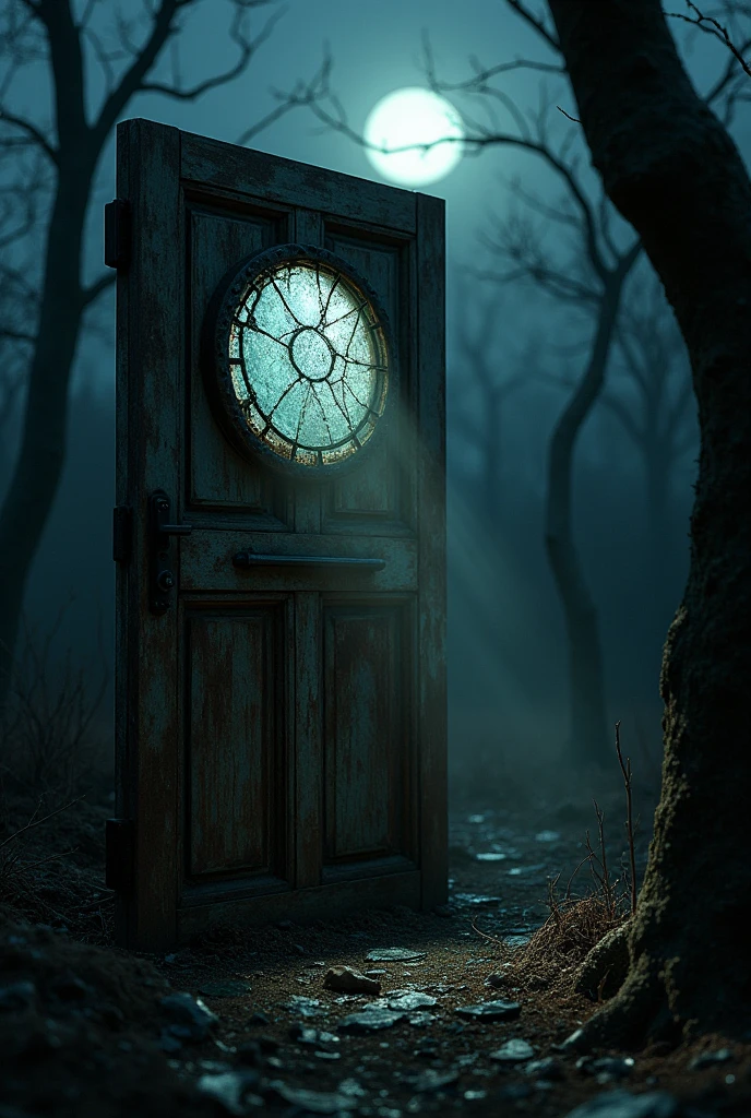 Rusty metal door with broken glass at night 